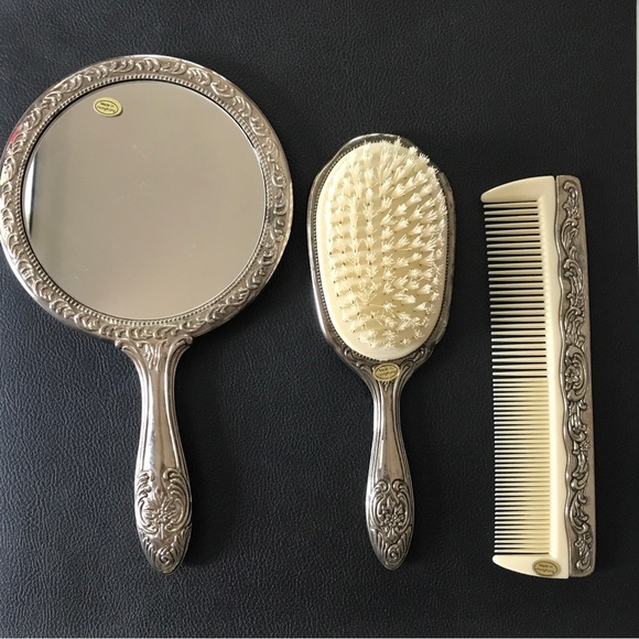Victorian Ornate Silver Plated Vanity Dresser Set Hand Mirror Comb Hair Brush - Picture 1 of 10